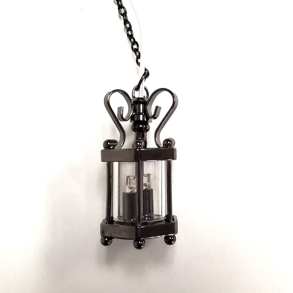 Dollhouse Battery Light Hanging Ceiling Lantern Chrome Black 1:12 Scale Miniature