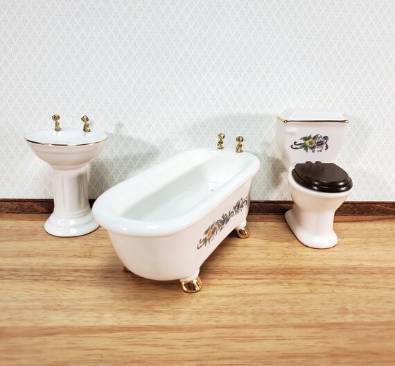 Dollhouse Miniature Bathtub Gold Faucets White Ceramic 1:12 Scale Bathroom  Tub - Miniature Crush