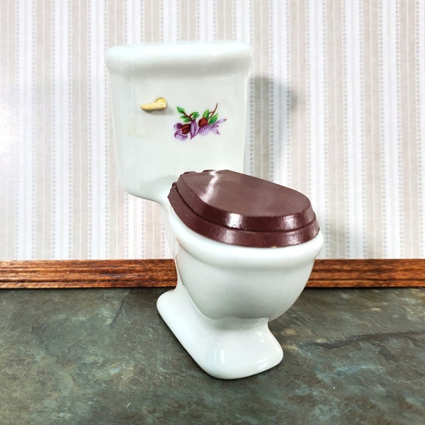 Dollhouse Miniature Toilet Plain White with Purple Flowers Ceramic for Bathroom 1:12 Scale