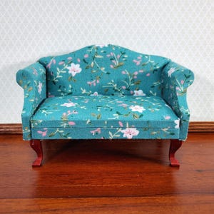 Dollhouse Sofa Couch Turquoise Floral Fabric 1:12 Scale Miniature Furniture