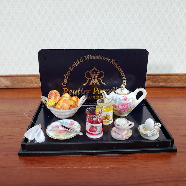 Miniature Breakfast Tea Set Reutter Porcelain Bread Jam Teapot 1:12 Scale Dollhouse