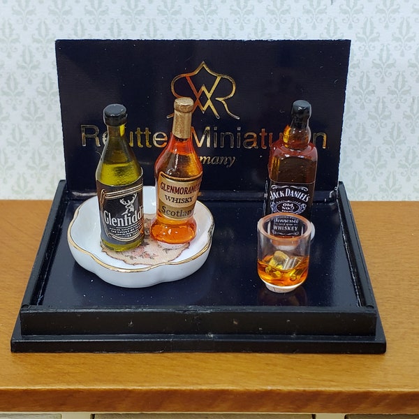 Dollhouse Whiskey Tasting Set Up 3 Bottles Porcelain Tray Snifter 1:12 Scale Miniature Reutter Porcelain