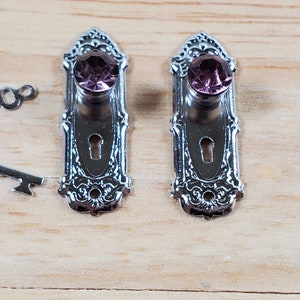 Dollhouse Doorknobs Silver with Purple Crystal Knob Metal 1:12 Scale Miniature image 1