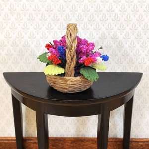 Dollhouse Flowers in a Natural Fiber Basket Pink Purple Red White 1:12 Scale Miniature