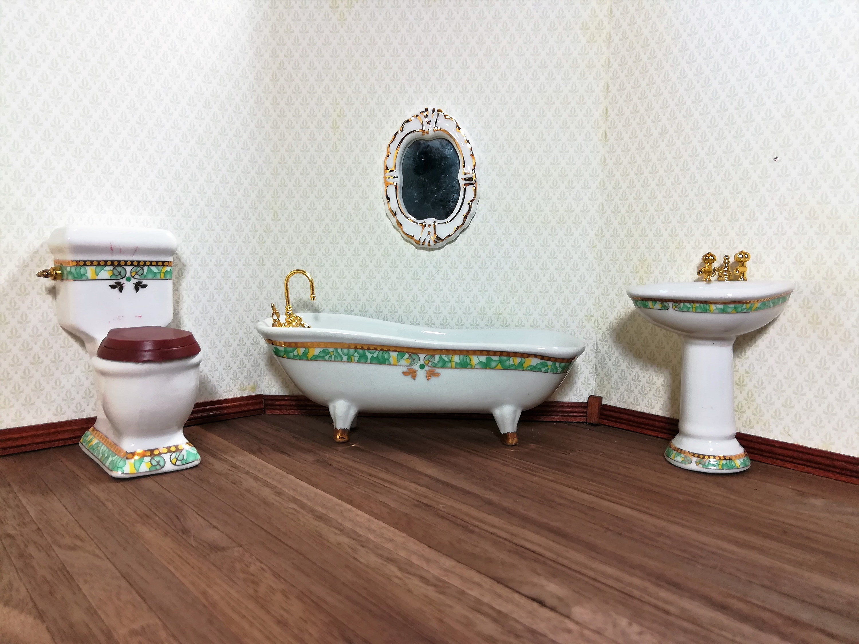 Dollhouse Miniature Bathroom Set White Green Porcelain Tub