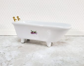 Dollhouse Bathtub White Ceramic with Purple Flowers 1:12 Scale Bathroom Tub
