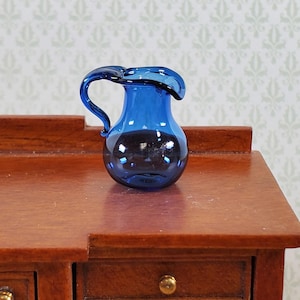 Dollhouse Cobalt Blue Pitcher Small Glass Carafe with Handle 1:12 Miniature