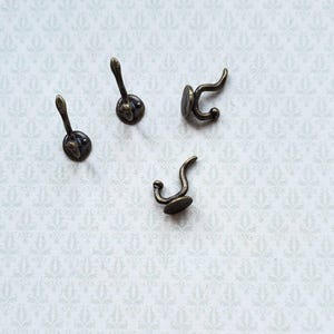 Dollhouse Miniature Wall Hooks Set of 4 Metal 1:12 Scale Antique Brass Finish