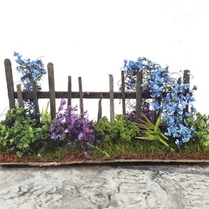 Dollhouse HALF SCALE Flowers with Fence Purple Green Blue 1:24 Scale Miniature 2 Sided