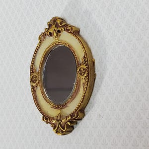 Dollhouse Large Mirror Oval Ornate Gold Cream Miniature Decor 3 5/16" x 2 1/8" image 2