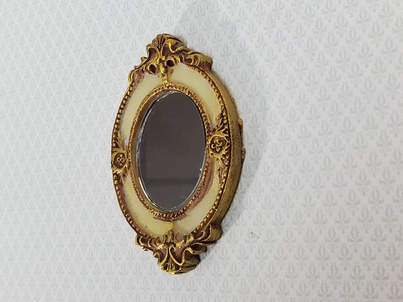 Dollhouse Large Mirror Oval Ornate Gold Cream Miniature Decor 3 5/16" x 2 1/8" image 2