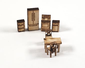 ドールハウス 1:144スケール 家具キット DIY モダンキッチン コンロ 冷蔵庫 テーブル 椅子