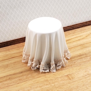 Dollhouse Side Table Round Ivory Skirted with Lace 1:12 Scale Miniature Furniture