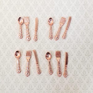 Dollhouse Flatware Copper Finish Fork Spoon Knife Fancy 4 Place Settings 1:12 Scale