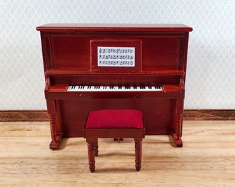 Miniature Upright Piano with Bench Seat Wood 1:12 Scale Mahogany Finish