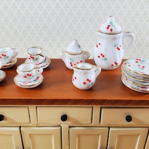 Dollhouse Coffee Set with Plates Cherries Design Ceramic 1:12 Scale Miniature