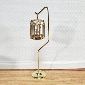 Dollhouse Tall Birdcage with Stand Gold Metal with Bird 1:12 Scale Miniature