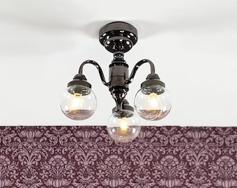 Dollhouse Battery Ceiling Light 3 Arm Globe Chandelier Black Chrome 1:12 Scale