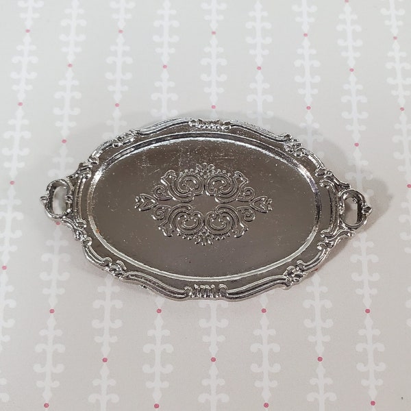 Dollhouse Oval Silver Tray Platter with Handles Large 1:12 Scale Miniature Accessory