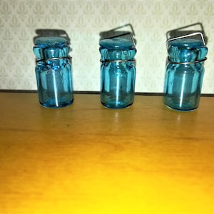 Dollhouse Miniature Canning Jars Large Glass Aqua Blue with Lids Set of 3 1:12 Scale