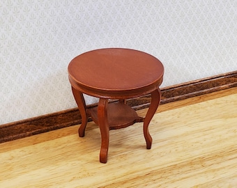 Dollhouse End Table Small Round Walnut Finish Lower Shelf 1:12 Scale Miniature Furniture