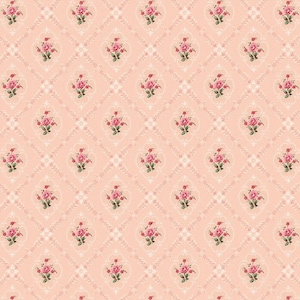 May include: A repeating pattern of pink roses and green leaves on a peach background. The floral design is set within a diamond grid with white decorative flourishes, creating a vintage, romantic aesthetic.