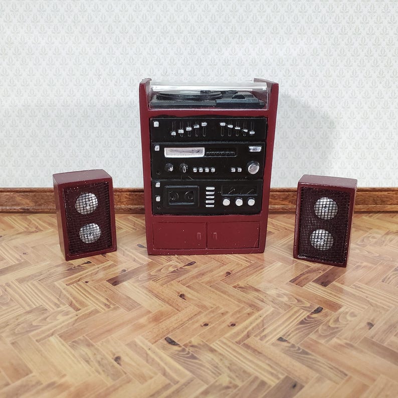 Dollhouse Stereo System with Turntable Record Player Retro Style 1:12 Scale Resin image 1