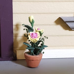 Dollhouse Pink and Yellow Roses Flowers Potted in Terra Cotta Pot 1:12 Scale