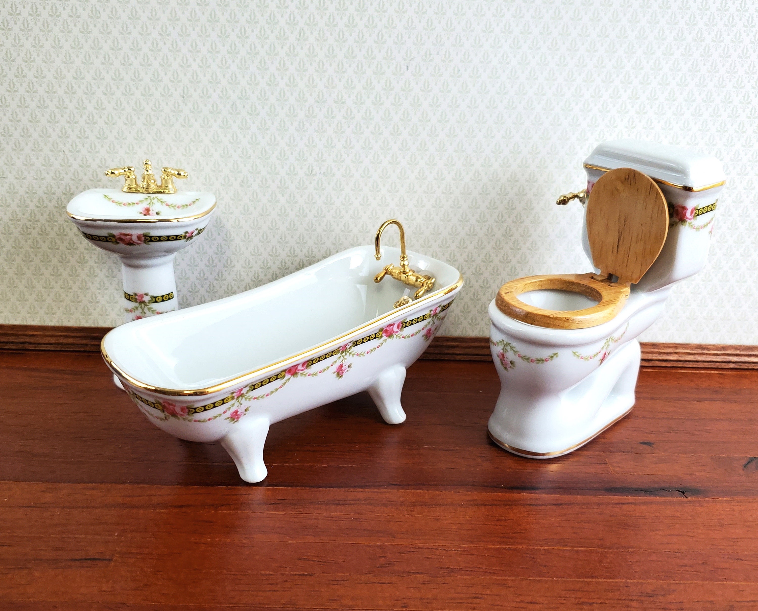 Dollhouse Reutter Porcelain Victorian Rose Sink Bathtub Toilet 1:12 Miniatures 