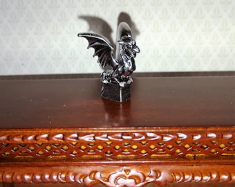 Dollhouse Miniature Dragon Statue Silver Metal 1:12 Scale 7/8" Tall Detailed