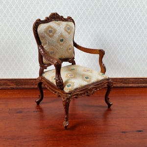JBM Dollhouse Armchair Chair Rococo Style Walnut 1:12 Scale Miniature Furniture