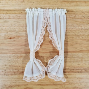 Dollhouse Curtains Fabric & Lace Cream Tie Back with Curtain Rod 1:12 Scale Miniatures Handmade