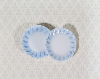 Dollhouse Dinner Plates White Ceramic with Blue Edge Set of 2 1:12 Scale 15/16"