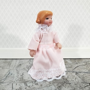 Dollhouse Girl Little Sister Doll Porcelain Pink Dress 1:12 Scale Miniature