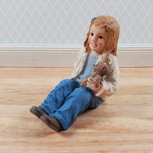 Modern Dollhouse Doll Girl with Teddy Bear Daughter Resin Laying Down 1:12 Scale