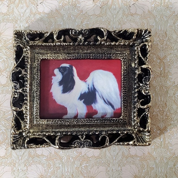 Miniature Japanese Chin Framed Dog Print 1:12 Scale Dollhouse Original Artwork