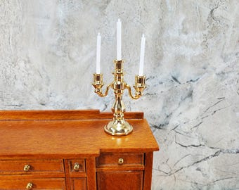 Dollhouse 3 Arm Candelabra Gold Metal 1:12 Scale Miniature Candle Holder
