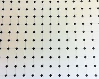 Dollhouse Miniature Tile Flooring White with Black Diamonds Embossed 1:12 Scale for Kitchen or Bathroom
