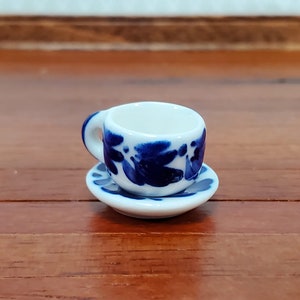 Dollhouse Coffee Mug with Saucer Blue & White LARGE 1:6 Scale Miniature Kitchen Dishes