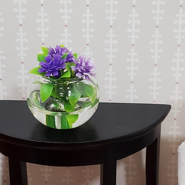 Dollhouse Purple Mums Flowers in Clear Glass Bowl with "Water" 1:12 Scale Miniature