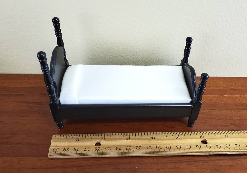 Dollhouse Miniature Black Bed with White Mattress Pillow Small Childs 1:12 Scale Furniture