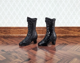 Dollhouse Victorian Boots Tall Black Lace Up Resin Miniatures 1 1/8" Tall