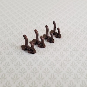 Dollhouse Miniature Wall Hooks Set of 4 Metal 1:12 Scale Bronze Finish 1/2"
