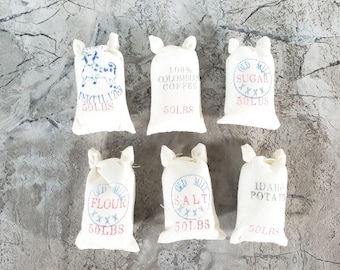 Dollhouse 6 Sacks Grains Flour Potatoes Coffee Salt + 1:12 Scale Miniatures