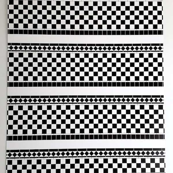 Dollhouse Wall Tiles Paper Black & White Checked Kitchen Bathrooms 1:12 Scale Miniatures