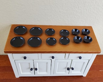 Dollhouse Metal Dishes Black Plates Bowls Set of 12 Pieces 1:12 Scale Miniatures