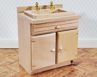 Dollhouse Sink Kitchen or Bathroom Cabinet 1:12 Scale Miniature Furniture Unpainted Wood