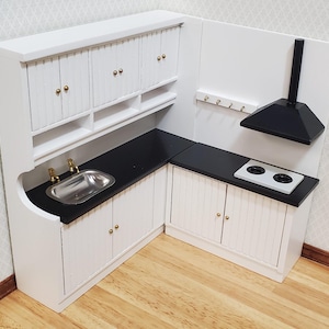Dollhouse Corner Kitchen Set WHITE Sink Stove Top Cabinets 1:12 Scale Miniature