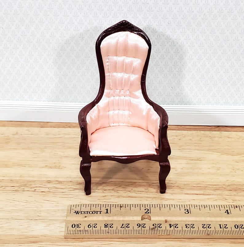 Dollhouse Gentlemen's Chair Victorian Pink & Mahogany Finish 1:12 Scale Miniature Furniture immagine 5