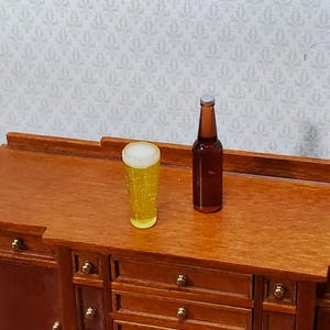 Dollhouse Beer Bottle Brown Ale and Filled Glass Foamy Head Large Miniatures Food